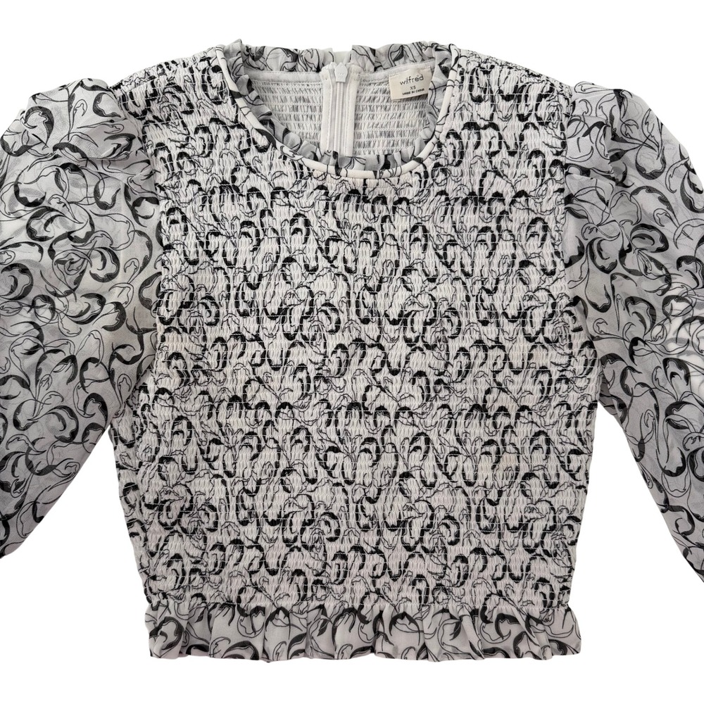 Wilfred Aritzia Smocked Crop Top XS Black White Swirl Sheer Puff Sleeve Zip Back